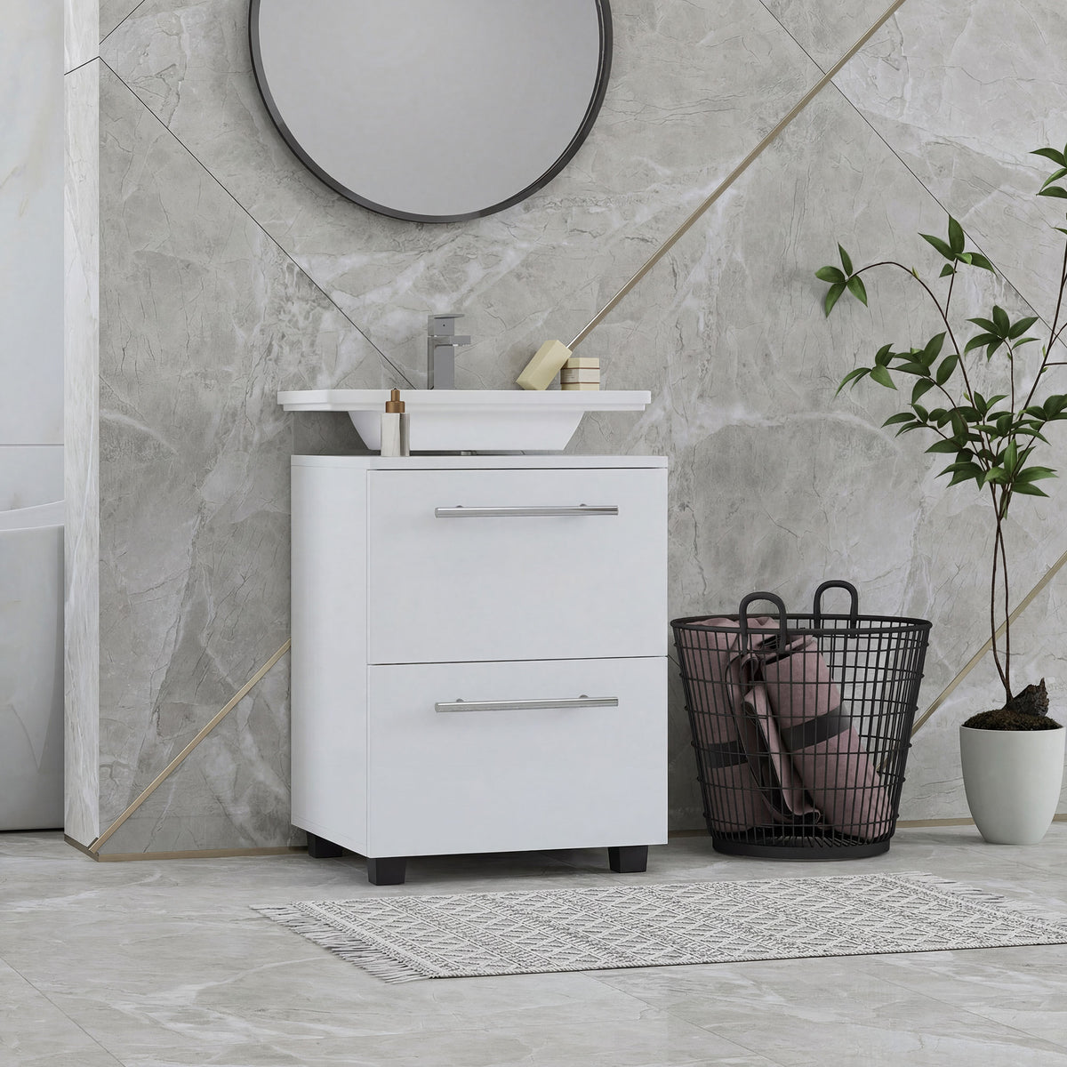 Badezimmerschrank, Waschbecken-Kommode mit Schublade, kompakt, Spanplatte, Wei?