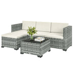 Polyrattan Gartenmöbel Set 5-teilig, Lounge Set mit Ecksofa Hocker Tisch Sitz- & Rückenkissen Grau+Cremeweiß
