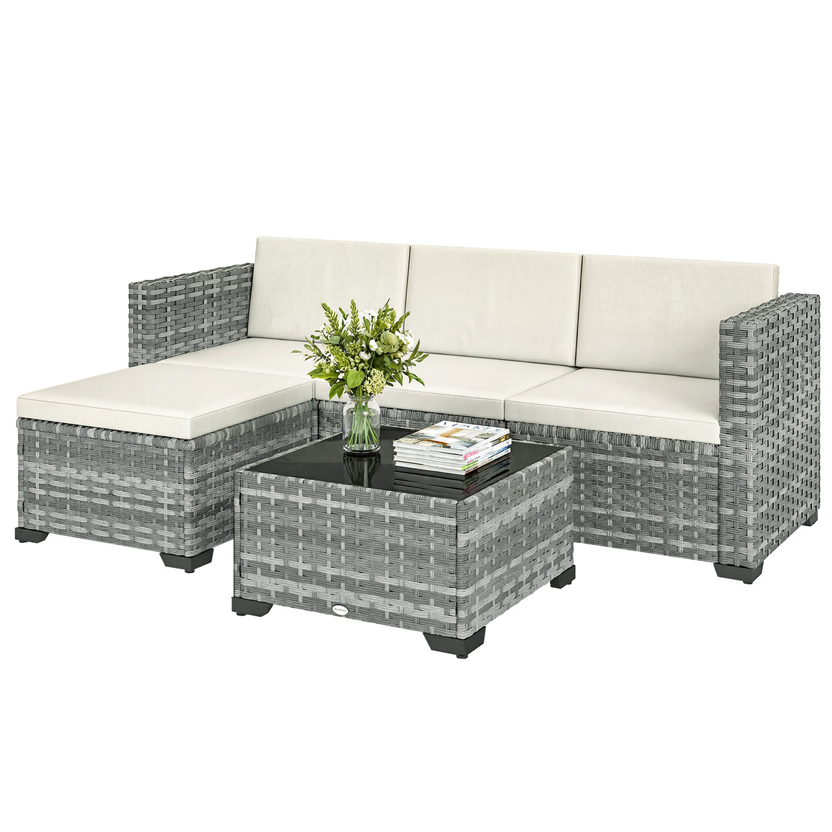Polyrattan Gartenmöbel Set 5-teilig, Lounge Set mit Ecksofa Hocker Tisch Sitz- & Rückenkissen Grau+Cremeweiß