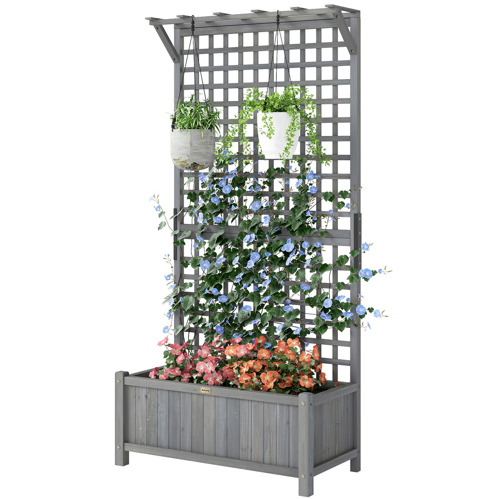 Raised Bed with Drainage Holes, Wood Planter with Trellis for Climbing Plants to Grow Vegetables, Flowers, Dark Grey