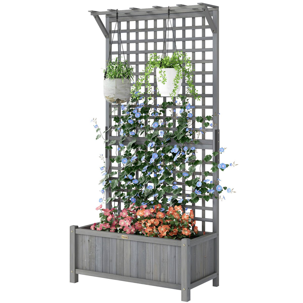 Raised Bed with Drainage Holes, Wood Planter with Trellis for Climbing Plants to Grow Vegetables, Flowers, Dark Grey