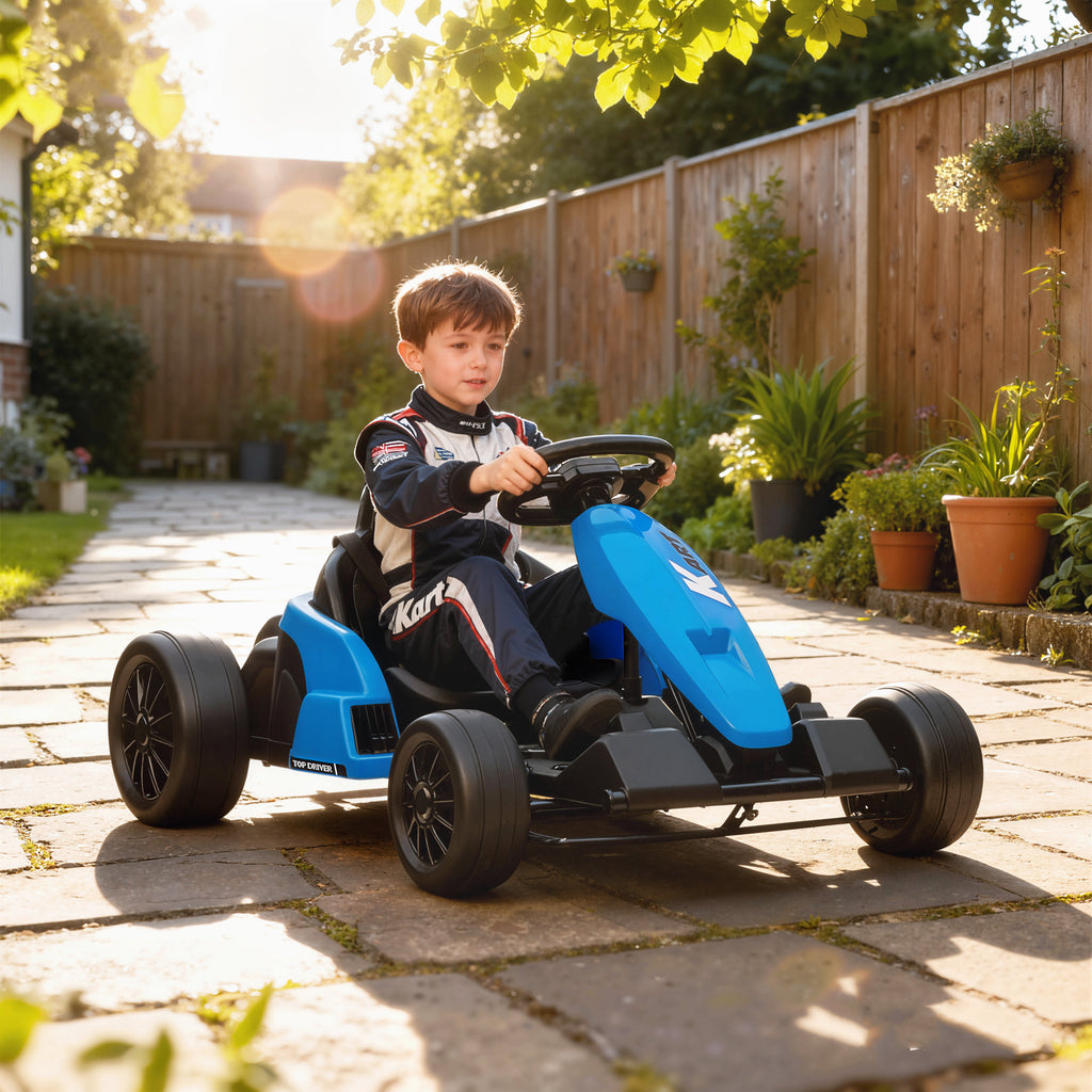 24V Elektrisches Go-Kart, Drift-Modus, verstellbarer Sitz, 5-Punkt-Sicherheitsgurt, Musikfunktion, 6-12 Jahre Blau