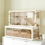 Wooden Hamster Cage with Hut, Wheel, Ramps, Removable Viewing Panels, 100 x 50 x 84 cm, Natural Wood