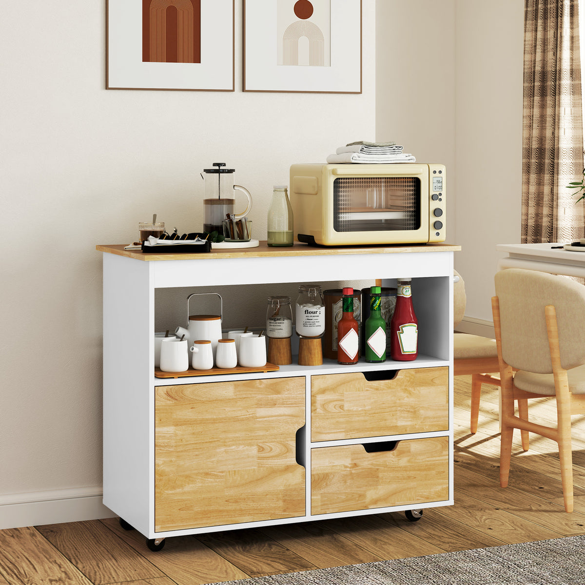 K¨¹chenwagen, Rollbare K¨¹cheninsel, K¨¹chen-Trolley mit F?chern, Schrank und Arbeitsfl?che, Wei?