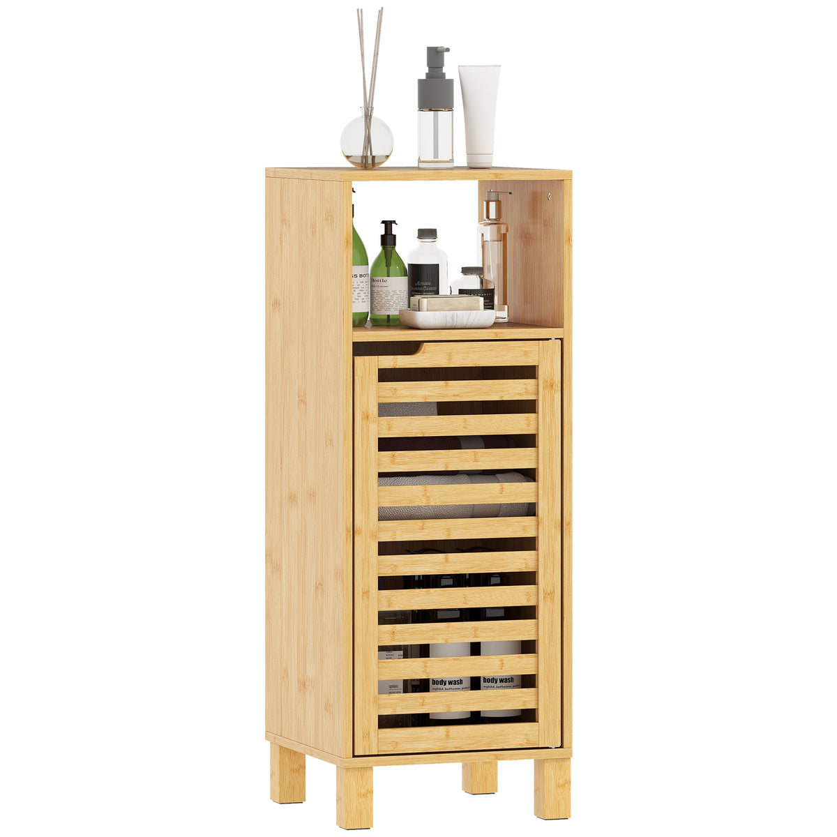 Badezimmerschrank, offenes Regal, Schrank, Bambusholz, Lamellent¨¹r, Hellbraun