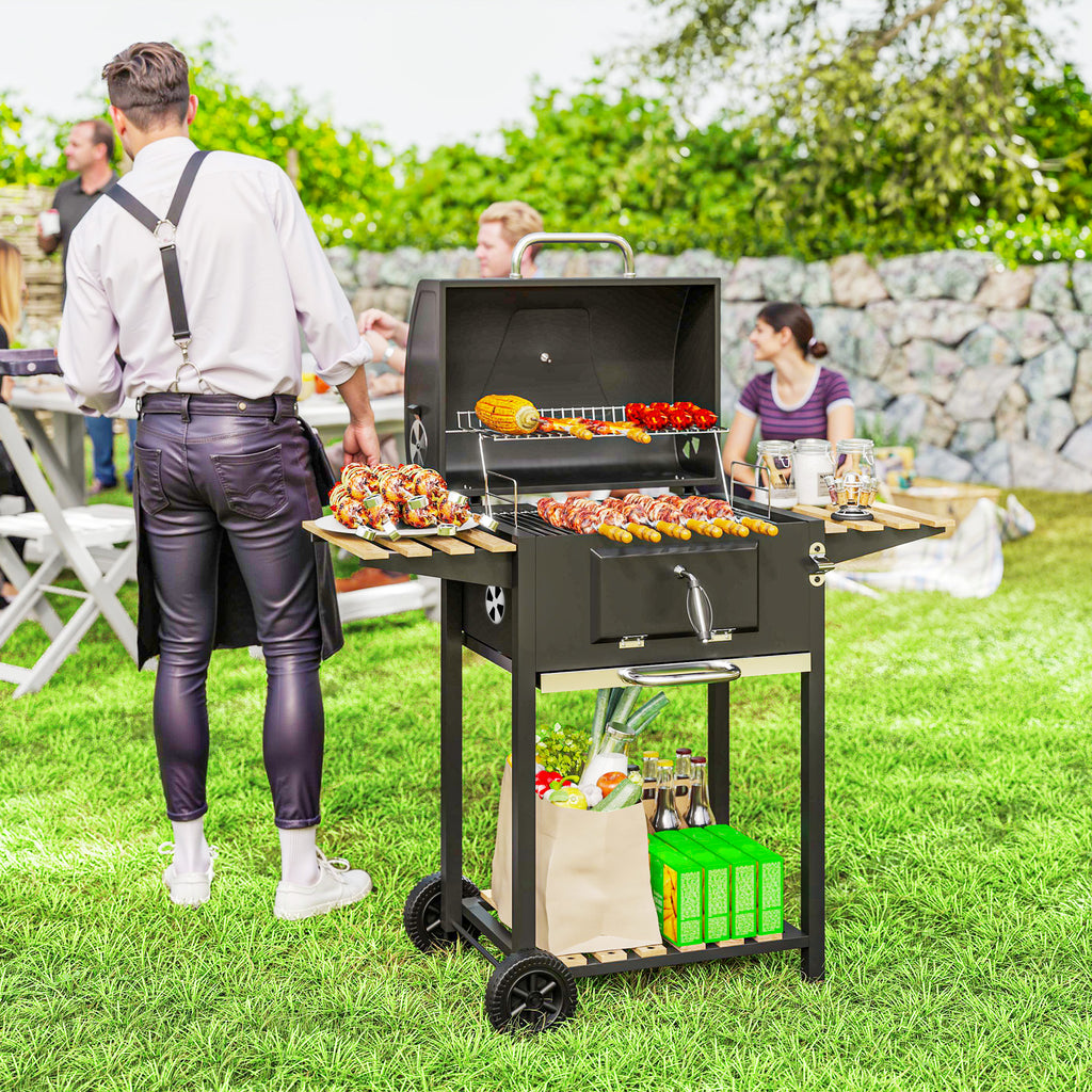 Holzkohlegrill, höhenverstellbare Kohlenpfanne, Grillwagen, Regale, Thermometer, Flaschenöffner, Stahl, Holz, Schwarz