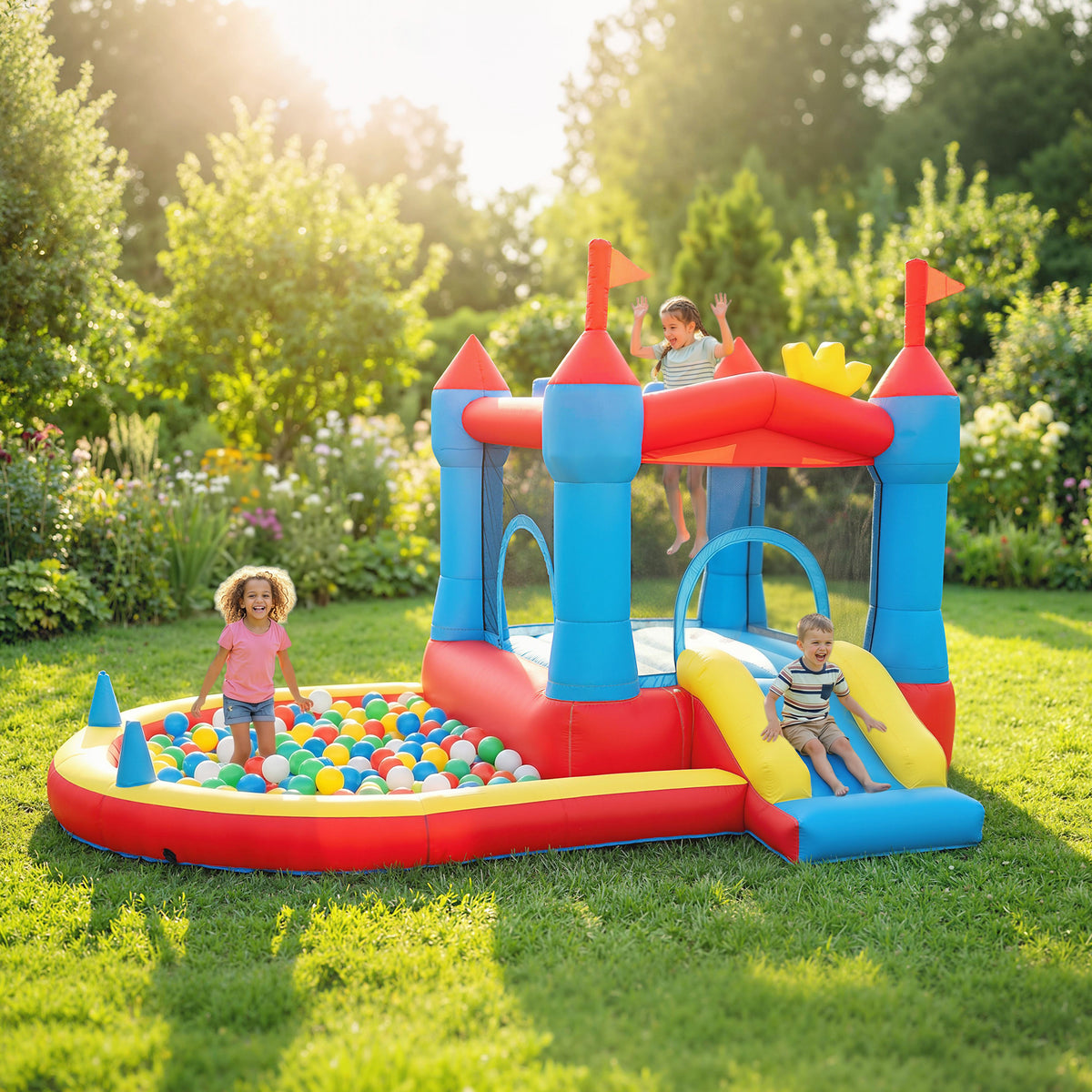 Aufblasbar Hüpfburg mit Gebläse Rutsche Trampolin Planschbecken/Bällebad Wasserpistole 342x255x209 cm Blau