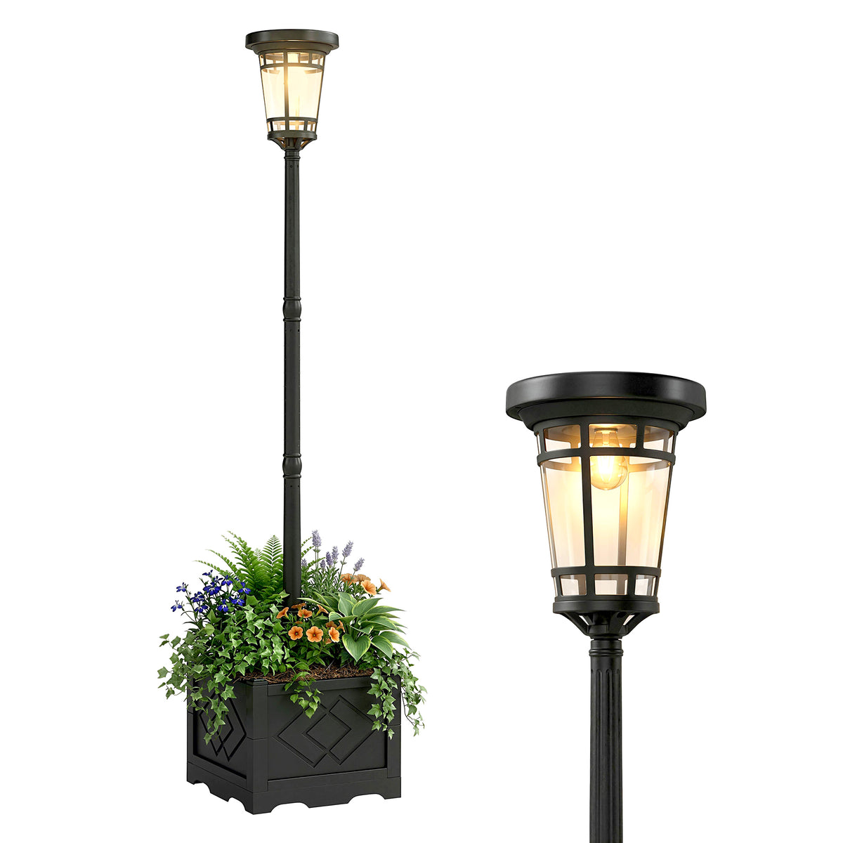 Solar Laterne Stehleuchte mit Blumentopf 195cm Außen Gartenlaterne mit 2 Helligkeitsstufen Lichtsteuerung Schalter IP44
