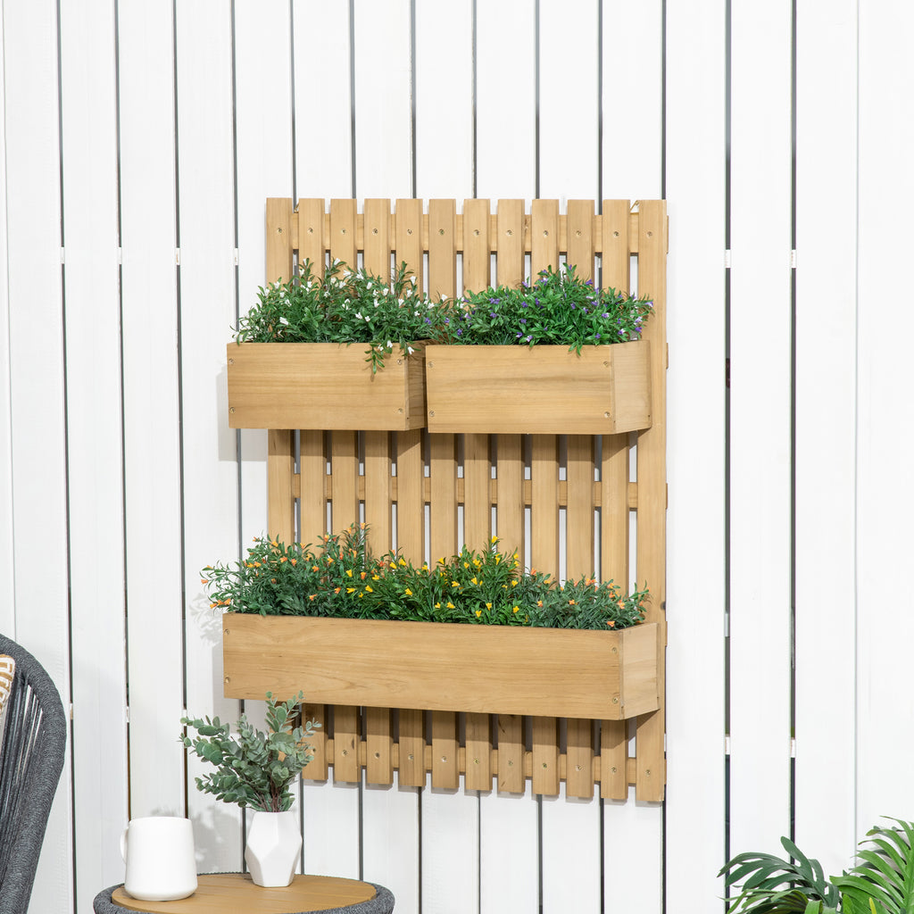 Wall-mounted Wooden Garden Planters with Trellis, Drainage Holes and 3 Planter Boxes for Patio, Natural