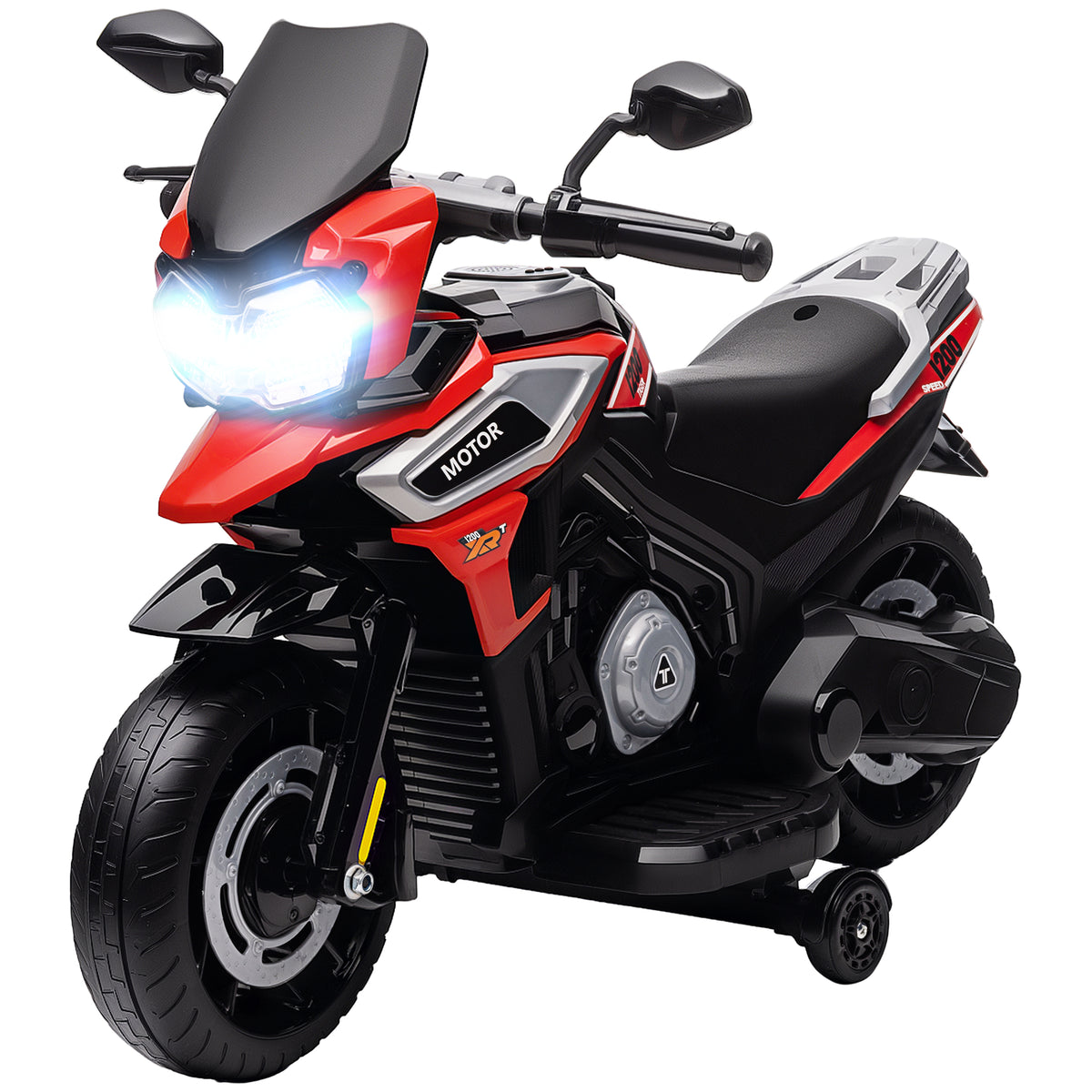 Elektro-Motorrad f¨¹r Kinder von 18-36 Monaten, Aufsitz-Fahrzeug, Hilfsr?der, Lichter, Musik, Kunststoff, Stahl, Rot