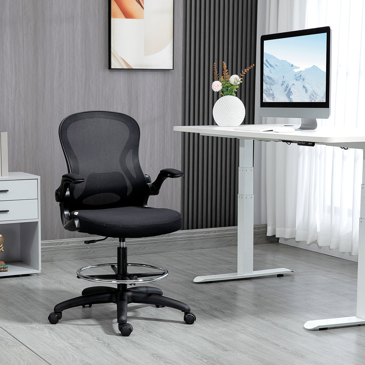 Zeichenstuhl, h?henverstellbarer B¨¹rostuhl, mit Fu?st¨¹tze, 59 cm x 65 cm x 122 cm, Schwarz