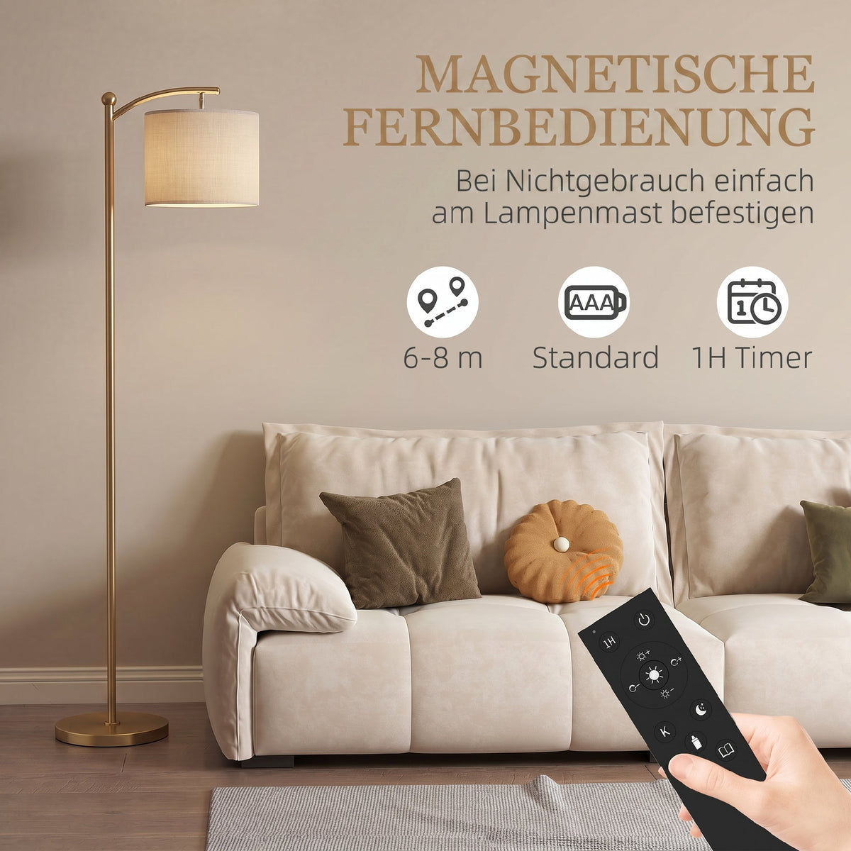 LED Stehlampe Stufenlos Dimmbar mit Fußschalter Timer Gold