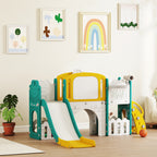 7-in-1 Rutschenset f¨¹r Kleinkinder, Basketballkorb, Froschdesign, Kletterger¨¹st, Schaukelsitz, f¨¹r drinnen und drau?en, Gelb+Gr¨¹n