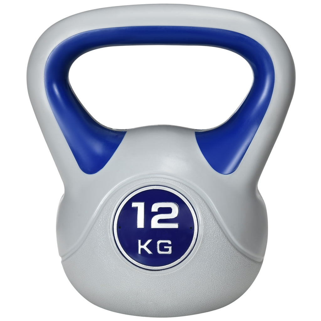 Kugelhantel, Kettlebell, 12 kg, flache Unterseite, großer Griff, Kunststoffmantel, blau, 24 x 17 x 28 cm