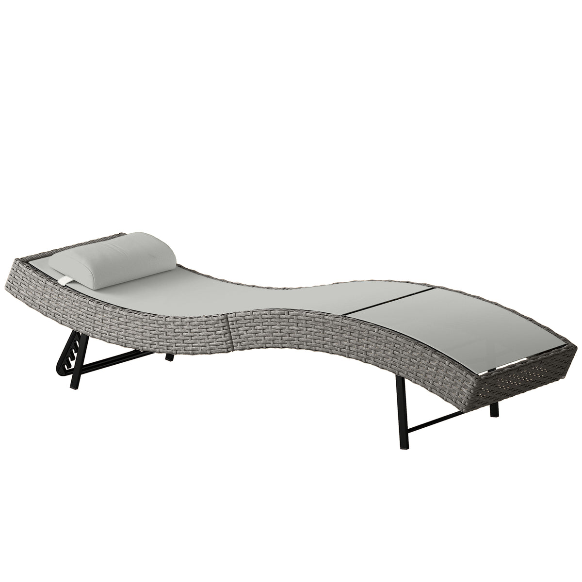 Rattan Sun Lounger, Garden Recliner with 5 Position Adjustable Back, S Shaped Texteline Seat, Headrest, Light Grey