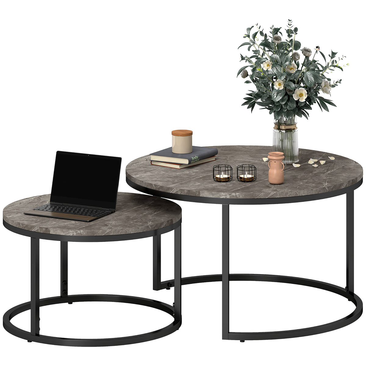 Industrial Nesting Coffee Table Set of 2, Round Coffee Tables, Living Room Table with Faux Marbled Top and Steel Frame