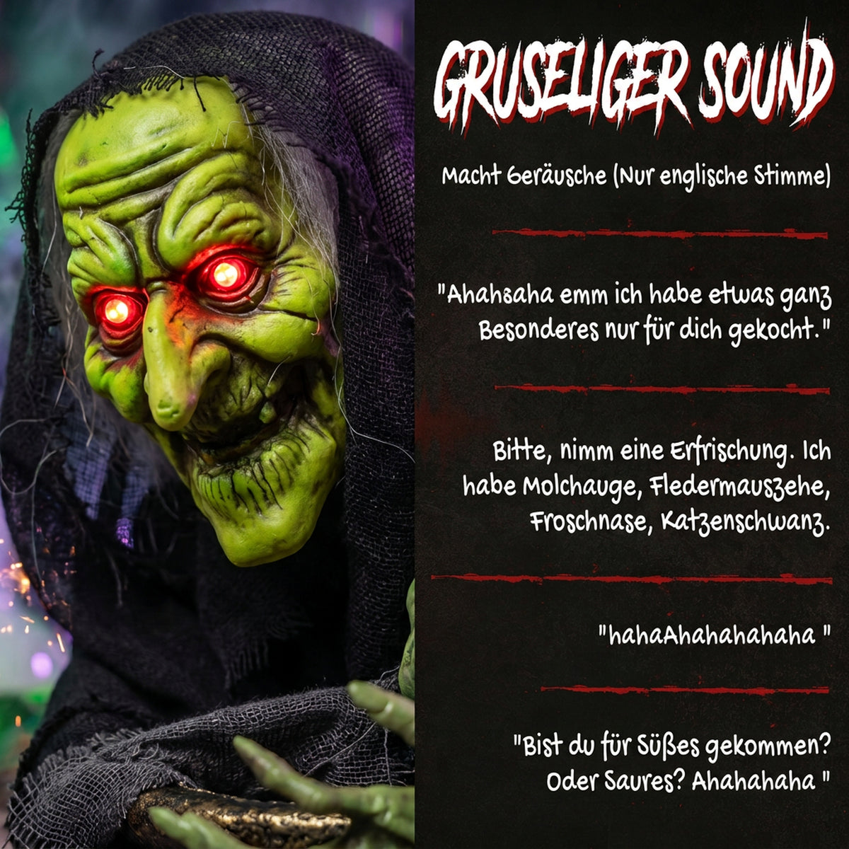 Animierte Halloween-Tischhexe mit Lachsound, leuchtenden Augen und Sound-/Touch-Aktivierung