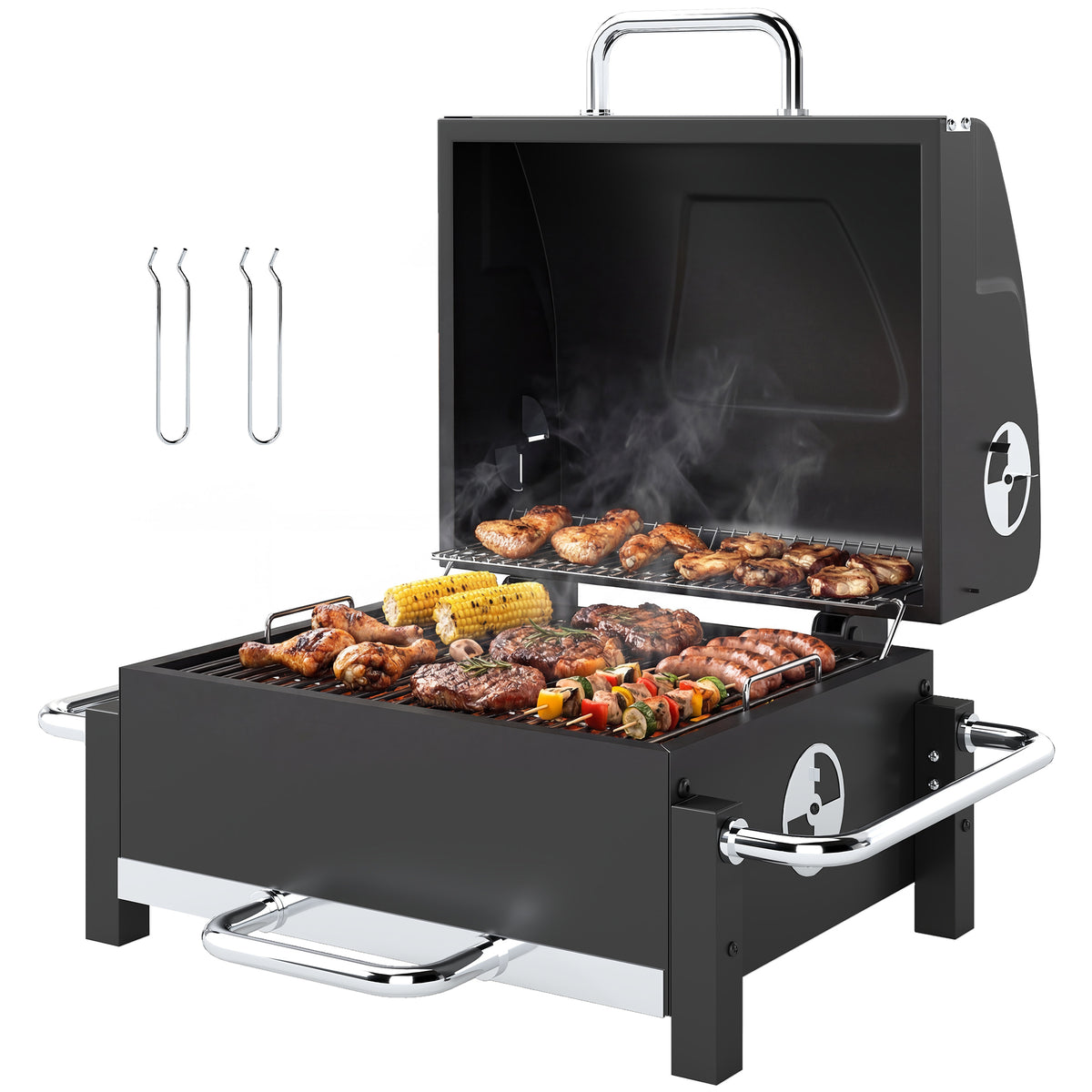 Holzkohlegrill aus Stahl tragbarer BBQ Smoker mit Deckel verstellbare Lüftung zweistufige Kohlepfanne Thermometer