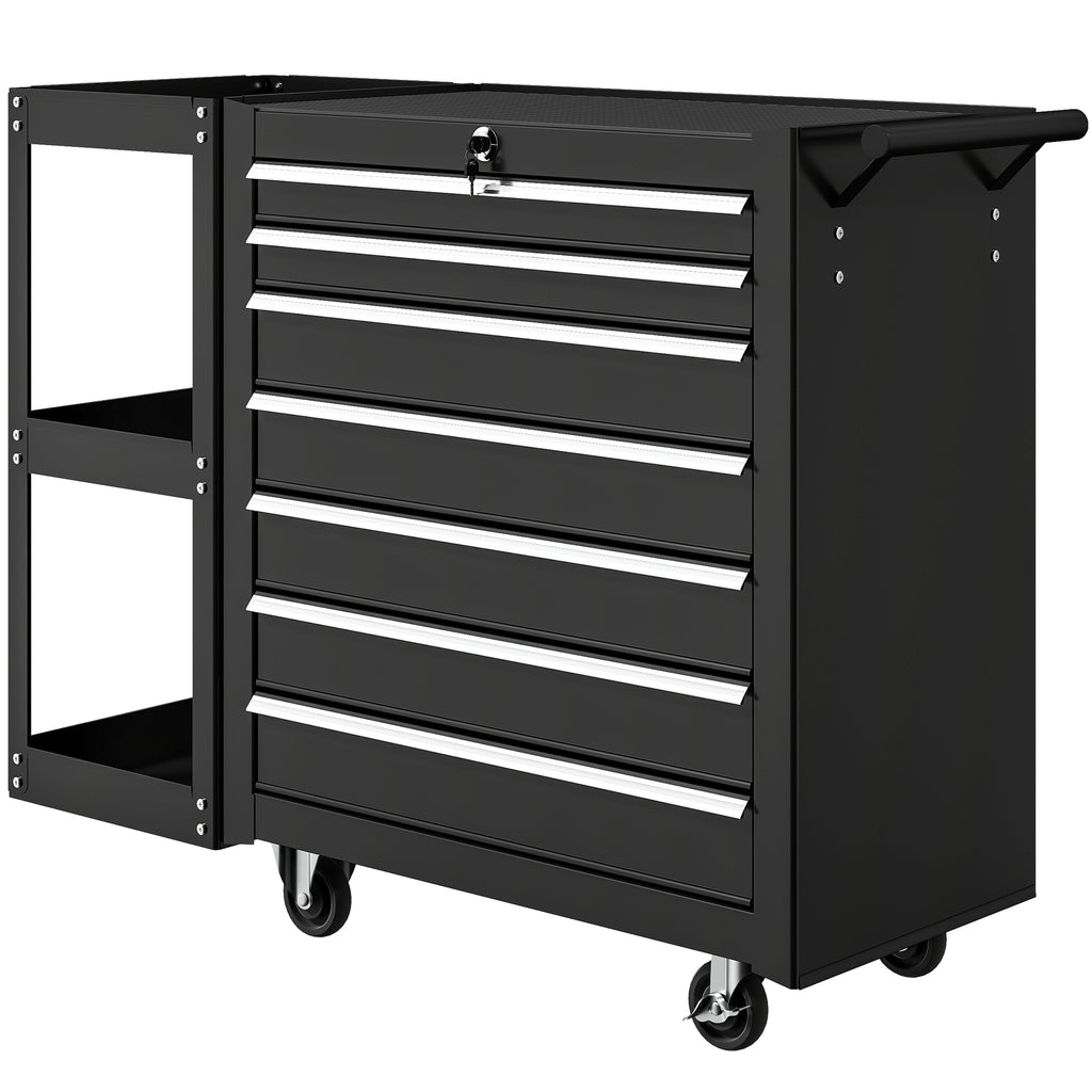 Lockable Steel Tool Chest on Wheels, 7 Drawer Tool Box with Handle for Workshop, Garage, Black
