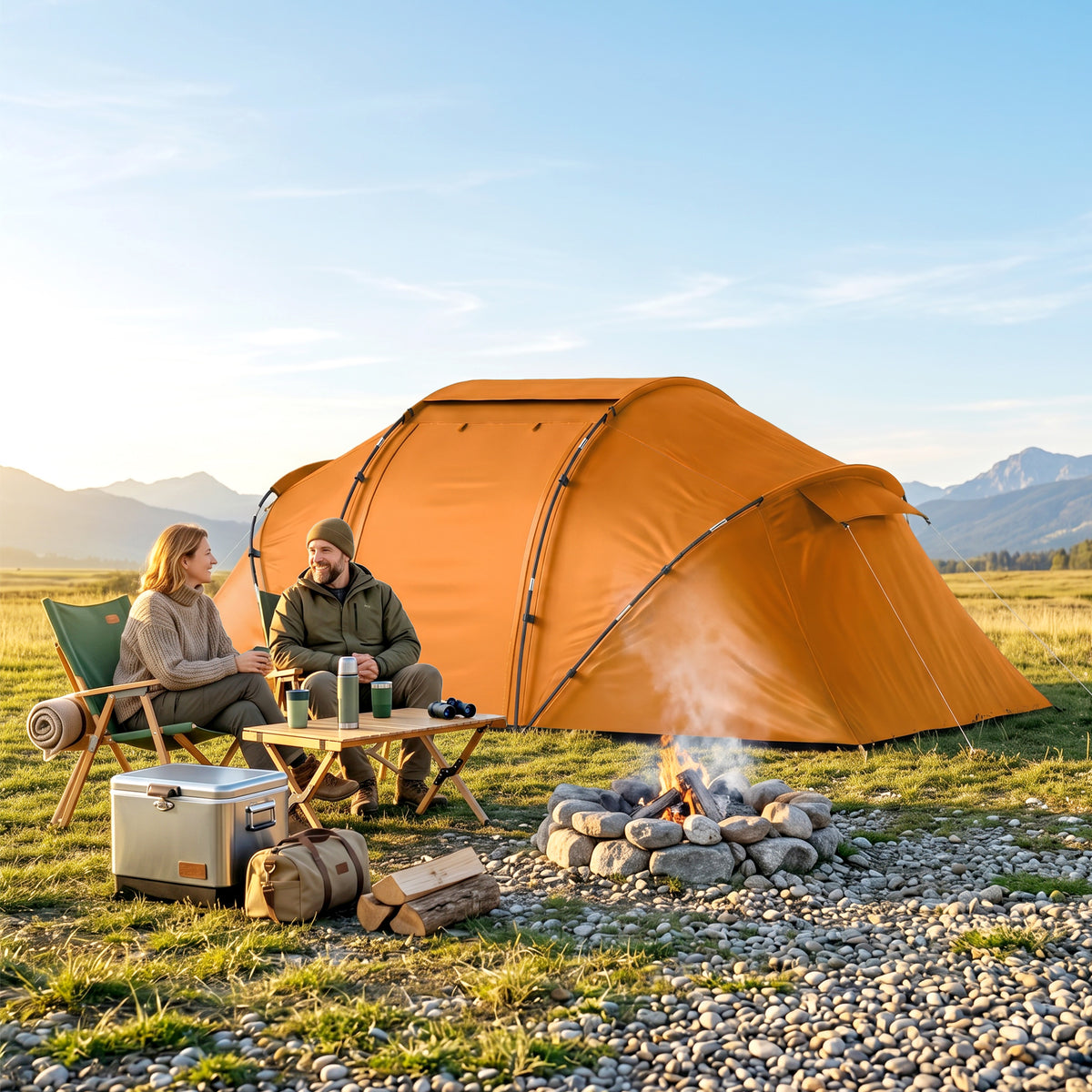 Tunnelzelt für 4 Personen, Campingzelt mit Tür, Bodenplane, 2000mm wasserdicht Orange