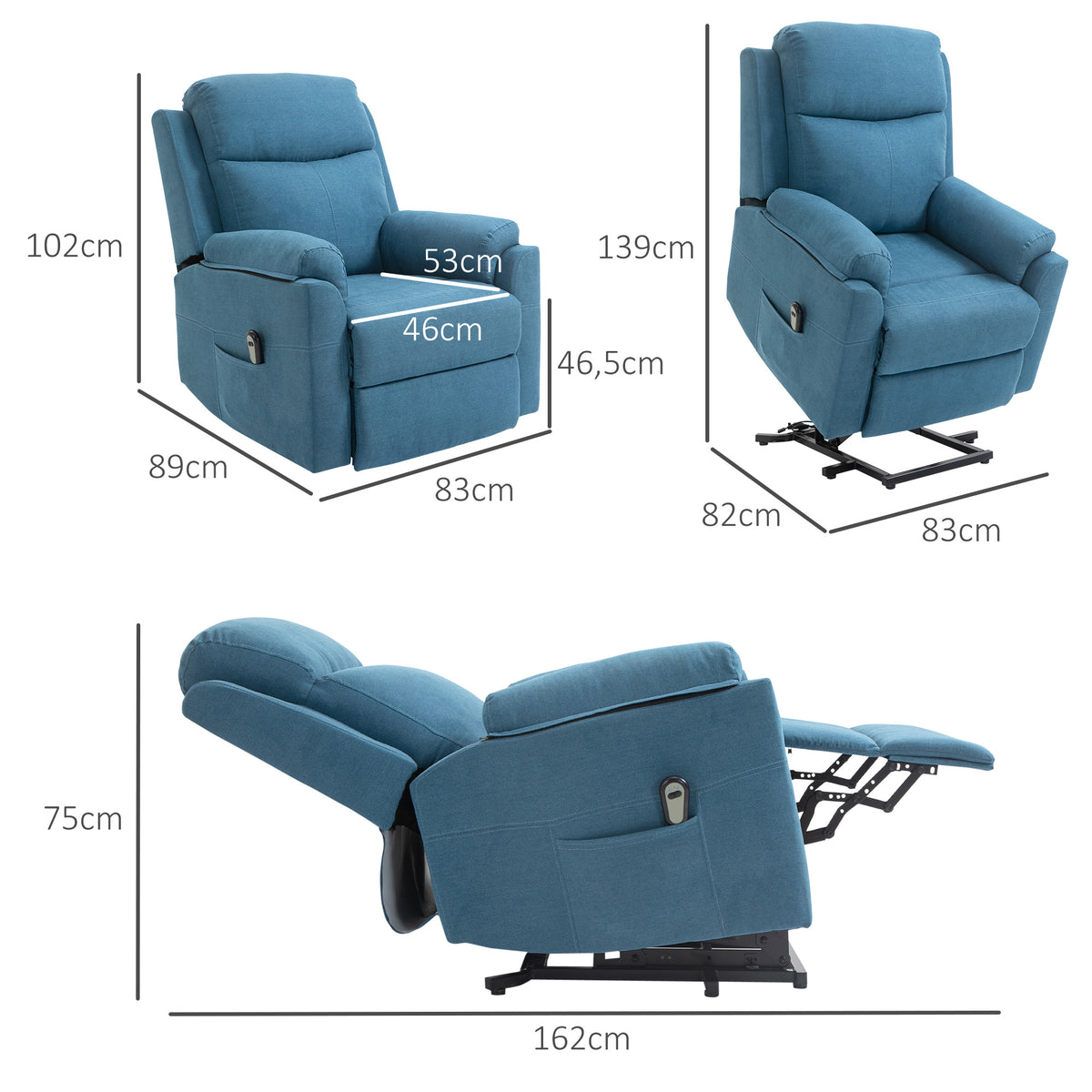 Fernsehsessel mit Aufstehhilfe Elektrisch Relaxsessel mit Liegefunktion, TV-Sessel mit Fernbedienung Seitentasche Taschenfederkern Leinenoptik Blau