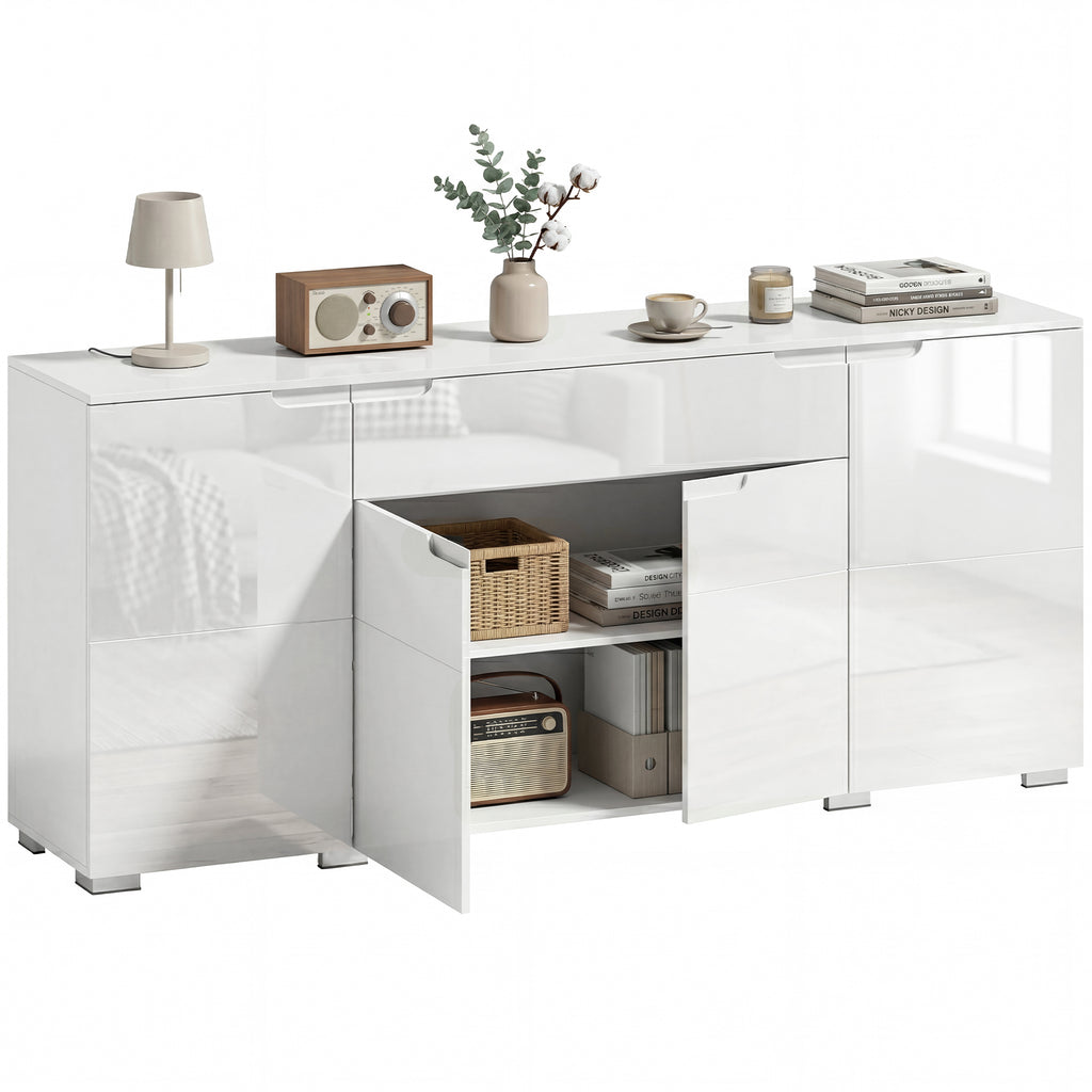 Hochglanz-Sideboard, moderne Kommode mit 4 Türen und verstellbaren Einlegeböden, Soft-Close-Funktion, Weiß
