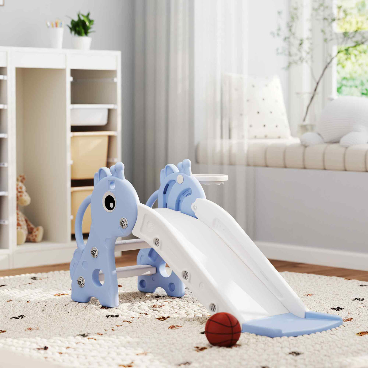 3 in 1 Kids Slide with Climber, Basketball Hoop and Ball, Giraffe Shape Climber Slide for Indoor Kids Age 1-3, Blue
