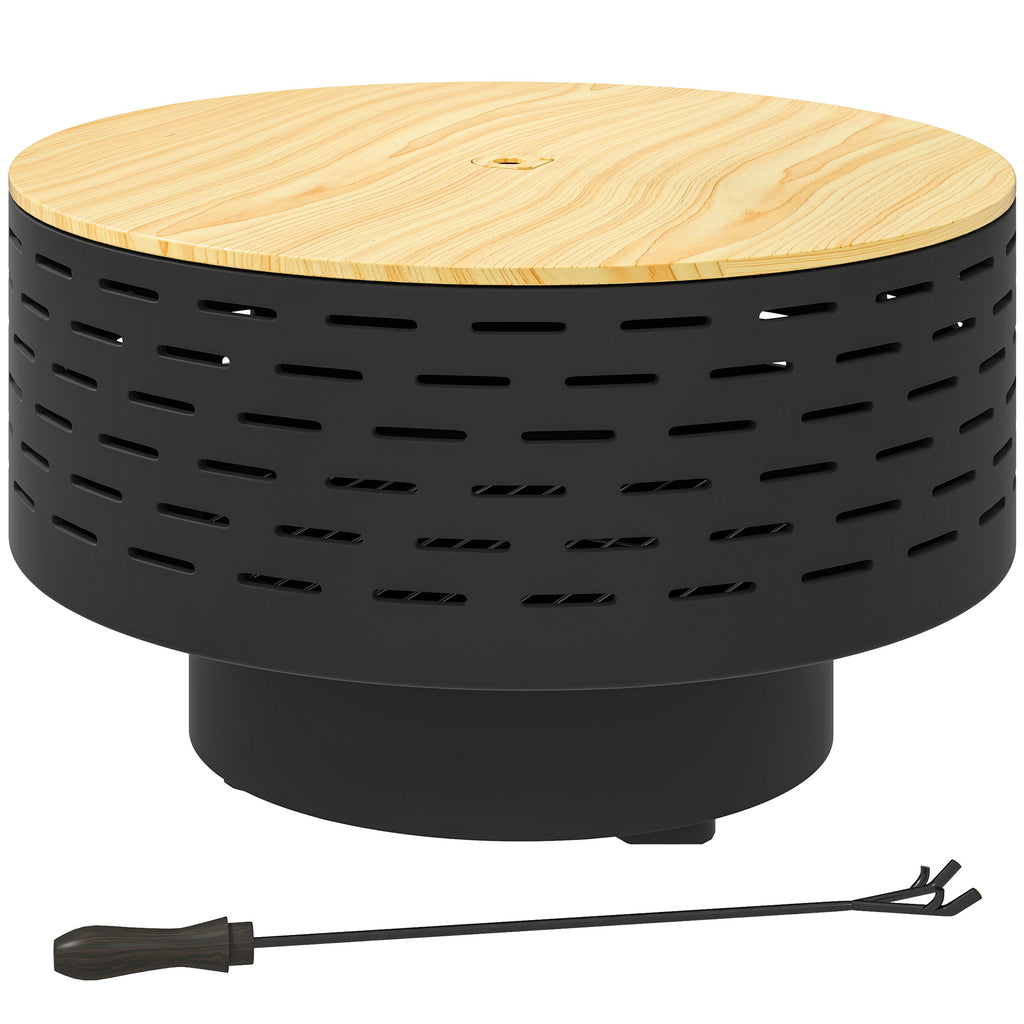 3-in-1 Feuerschale Ø60 x 39cm Feuerstelle mit Edelstahl-Grillrost Schürhaken Funkenschutz in Holzoptik Kohlegrau