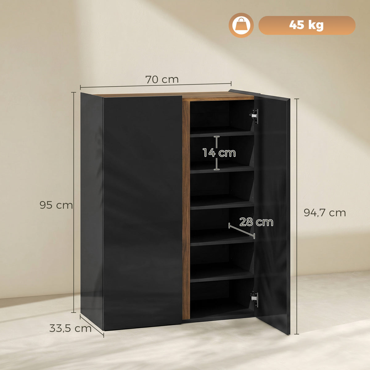 Schuhschrank mit leiser Sicherheitsöffnung, 6 Ebenen, grifflose Design, Hochglanz Schwarz