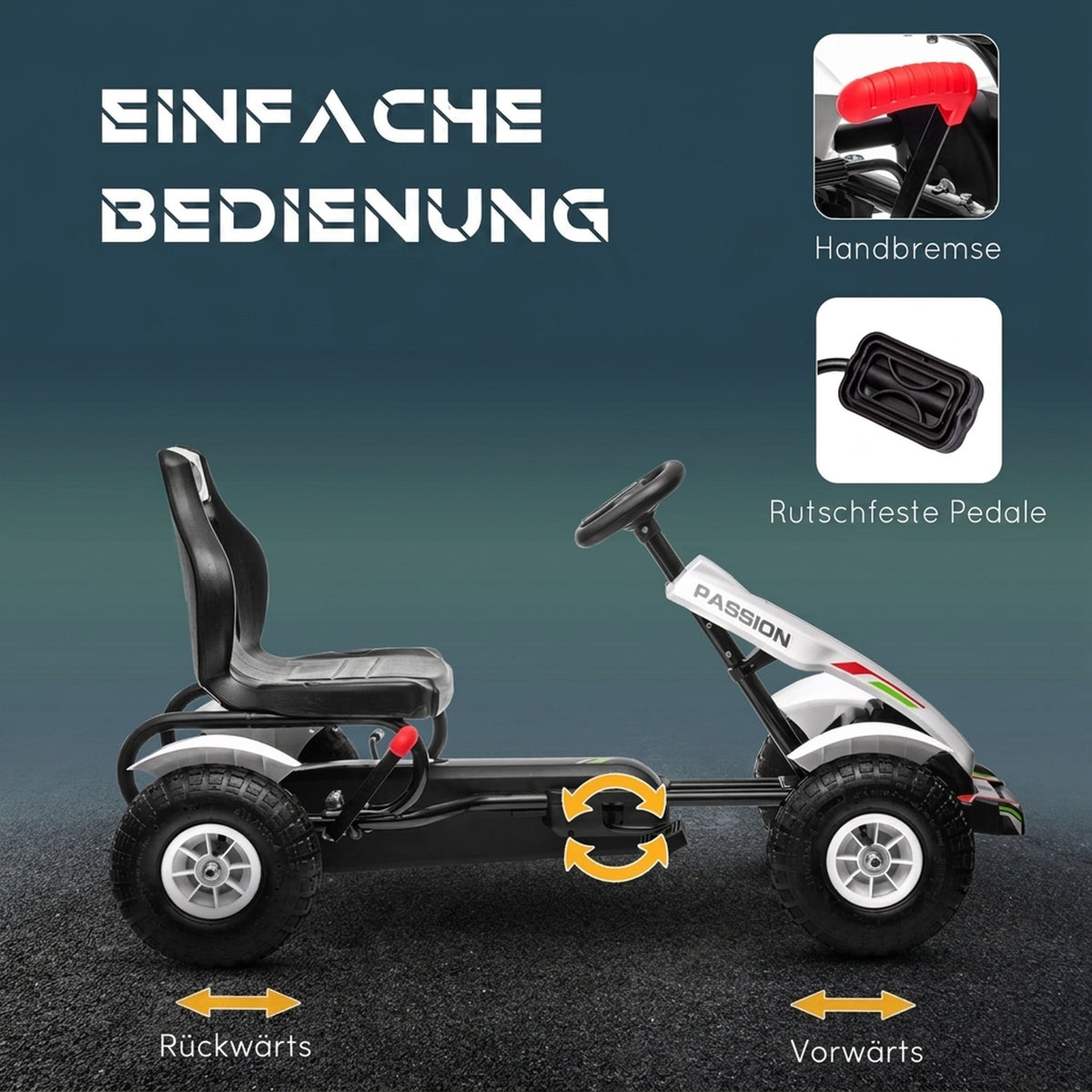 Gokart Tretauto mit Handbremse, verstellbarem Sitz, Vor- und Rückwärtsgang, bis 50kg für Kinder 5-12 Jahren Weiß