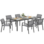 7-teiliges Ess-Set, 6 Stühle, 1 Tisch, stapelbar, leicht zu reinigen, Stahlrahmen, Gartenmöbel-Set, Grau