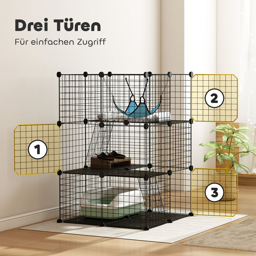 Indoor Cat Cage DIY Customizable 3-Tier Indoor Cat Enclosure with 3 Doors and Hammock 105 cm Black