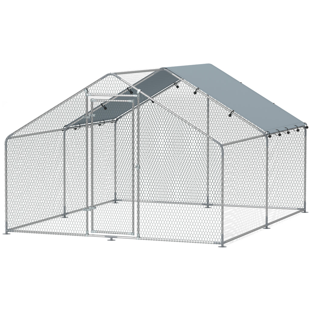 Hühnerstall mit UV-beständigem wasserdichtem Tuch, Sicherheitsschloss, für 10-15 Hühner, Stahl, 3 x 3,4 x 1,9 m, Silber