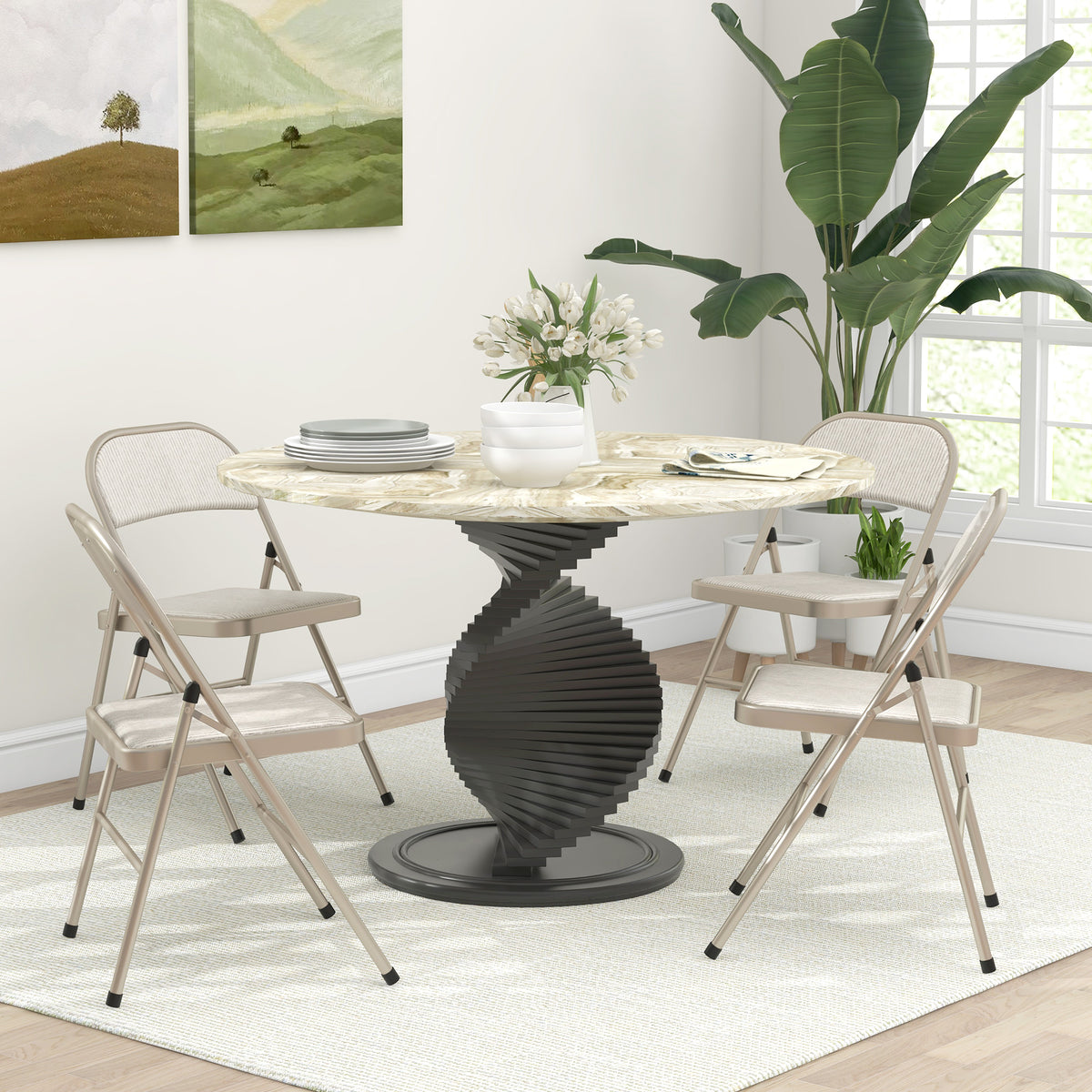 4er-Set Klappstühle, Tragbare Bürostühle, Stahlbeine, Faltstuhl für Büro, Empfang, Wartezimmer, Leinenoptik Beige