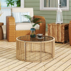 Beistelltisch aus Polyrattan Kaffeetisch mit gehärteter Glasplatte Gartentisch mit Stahlrahmen 70 x 70 x 33 cm Braun