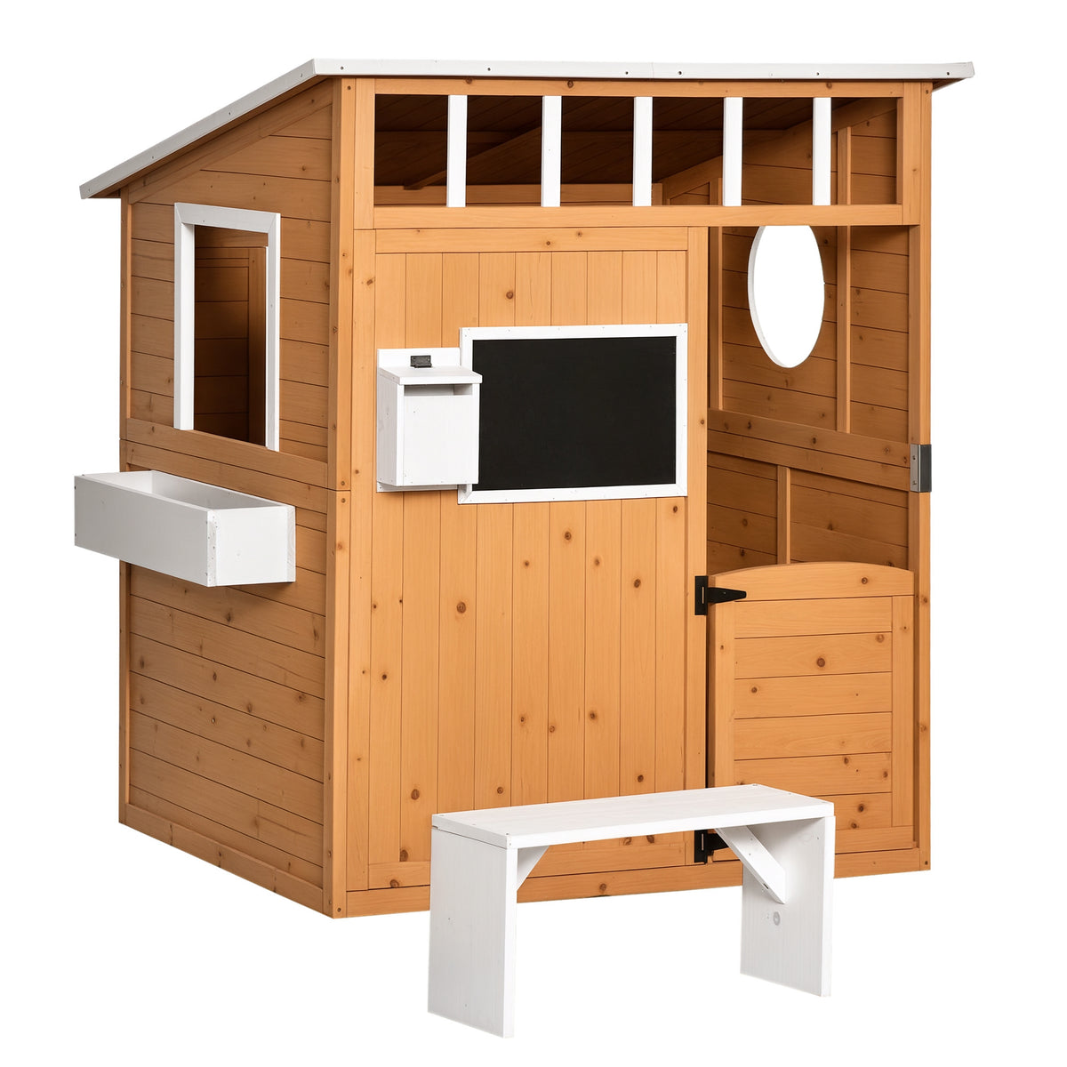 Kinderspielhaus aus Naturholz, mit Briefkasten und Blumenkasten, Natur