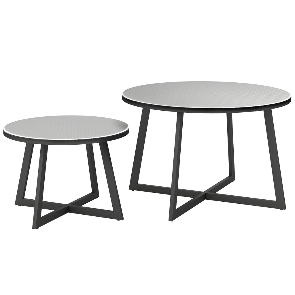 2er Set Beistelltisch Stapelbar Gartentisch Rund wetterfest Balkontisch mit X-Beine Glasplatte Stahl Schwarz+Grau