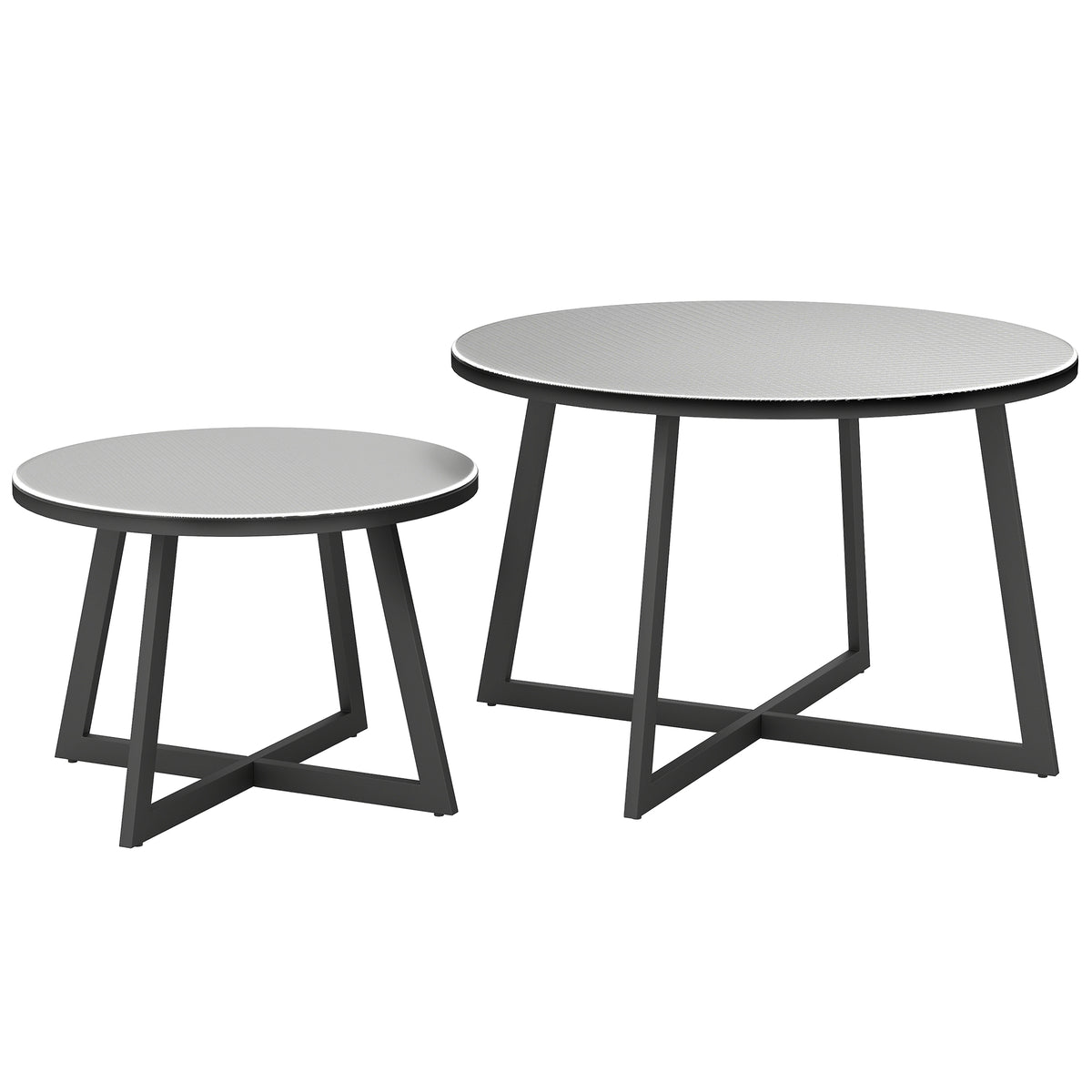 2er Set Beistelltisch Stapelbar Gartentisch Rund wetterfest Balkontisch mit X-Beine Glasplatte Stahl Schwarz+Grau