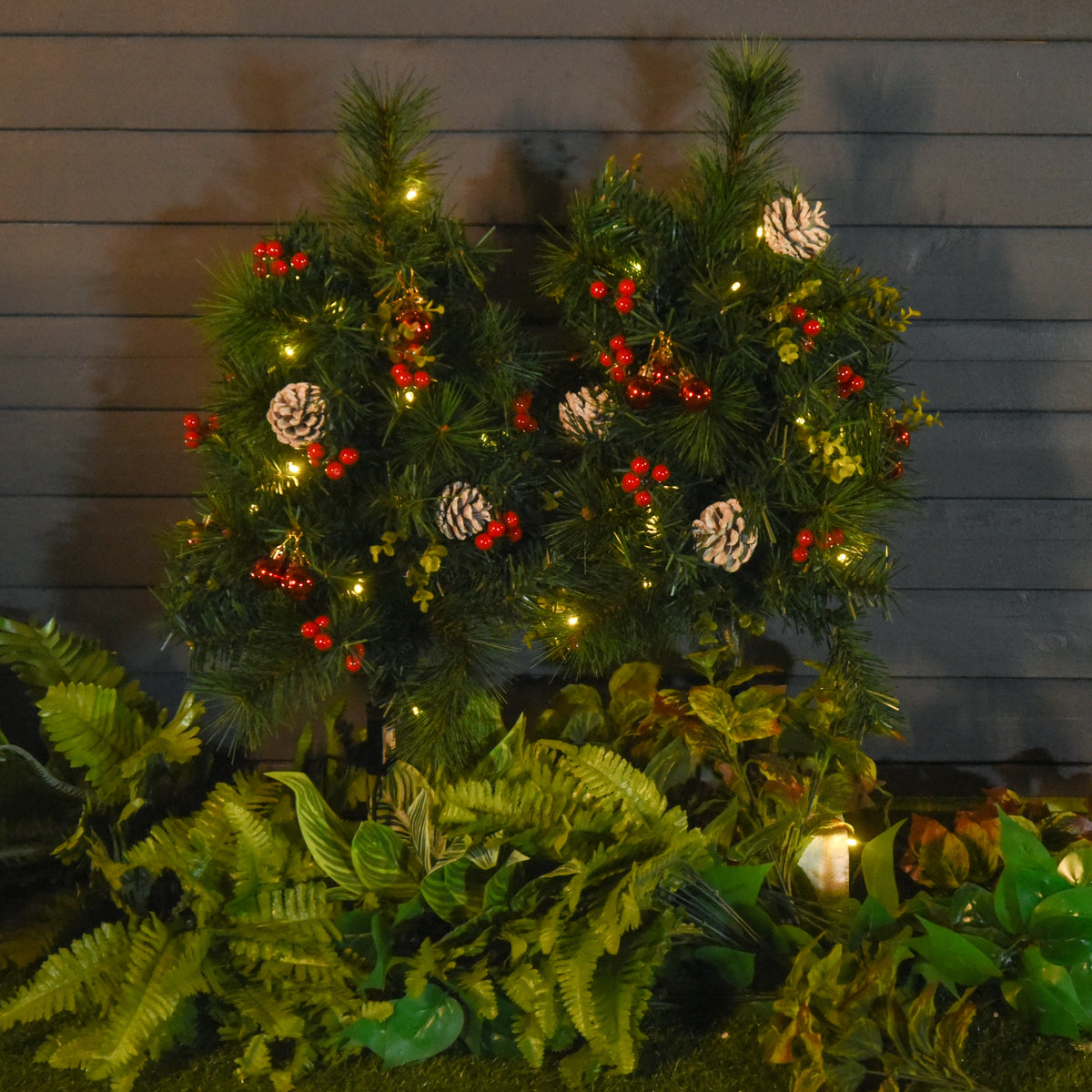 2-er Set Weihnachtsbäume, Künstlicher Mini-Christbaum mit LED-Lichtern, Kunststoff, Metall, Ø33 x 75 cm, Grün