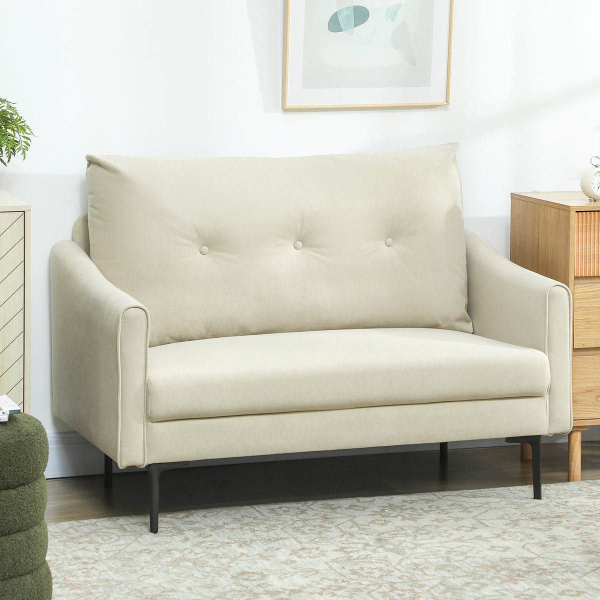 2-Sitzer-Sofa mit Schaumstoff-Polsterung und Stoffbezug, f¨¹r Wohnzimmer, Schlafzimmer, Metallrahmen, Cremewei?