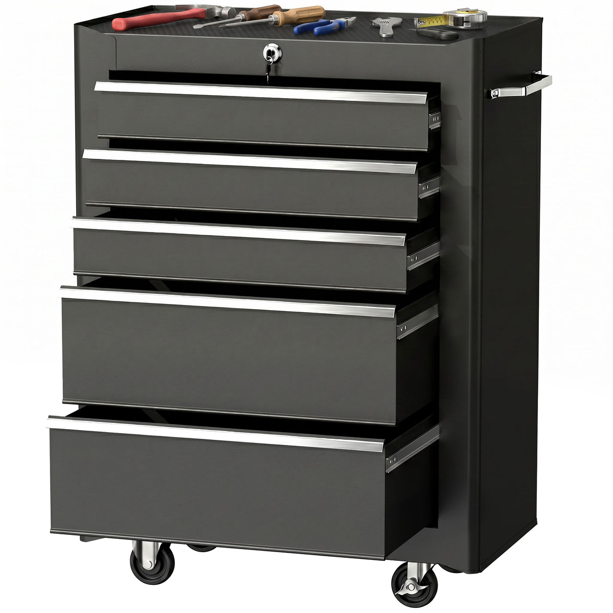 5-Drawer Tool Chest, Lockable Steel Tool Storage Cabinet with Wheels and Handle Tool Box for Garage, Workshop, Black