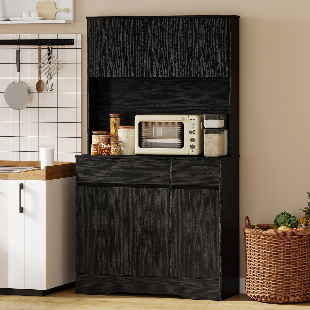 Buffet-Küchenschrank mit Arbeitsplatte, 6 Türen, hoher Stauraumschrank mit Regalen, Schwarz