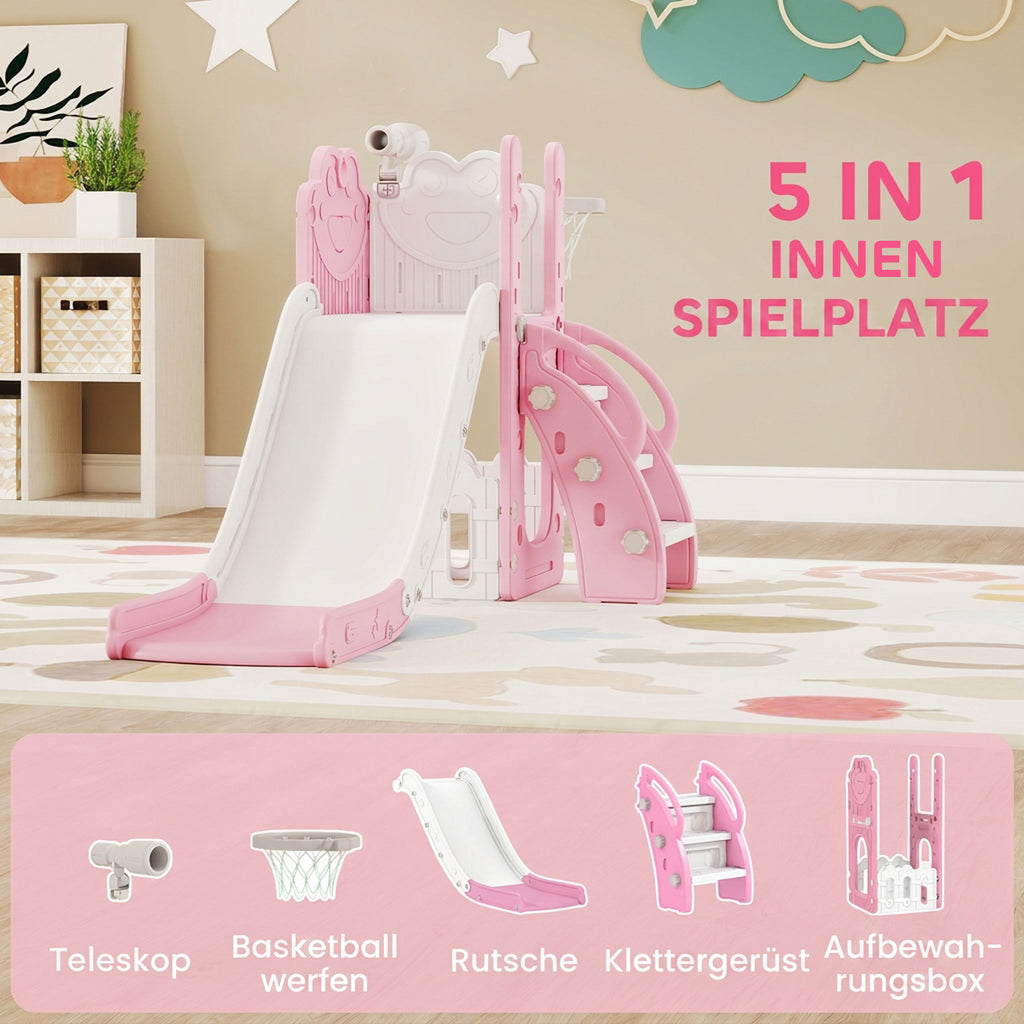5 in 1 Kids Slide Set with Basketball Hoop, Climbing Frame, Telescope, Storage Box for Toddlers Ages 1-3, Pink