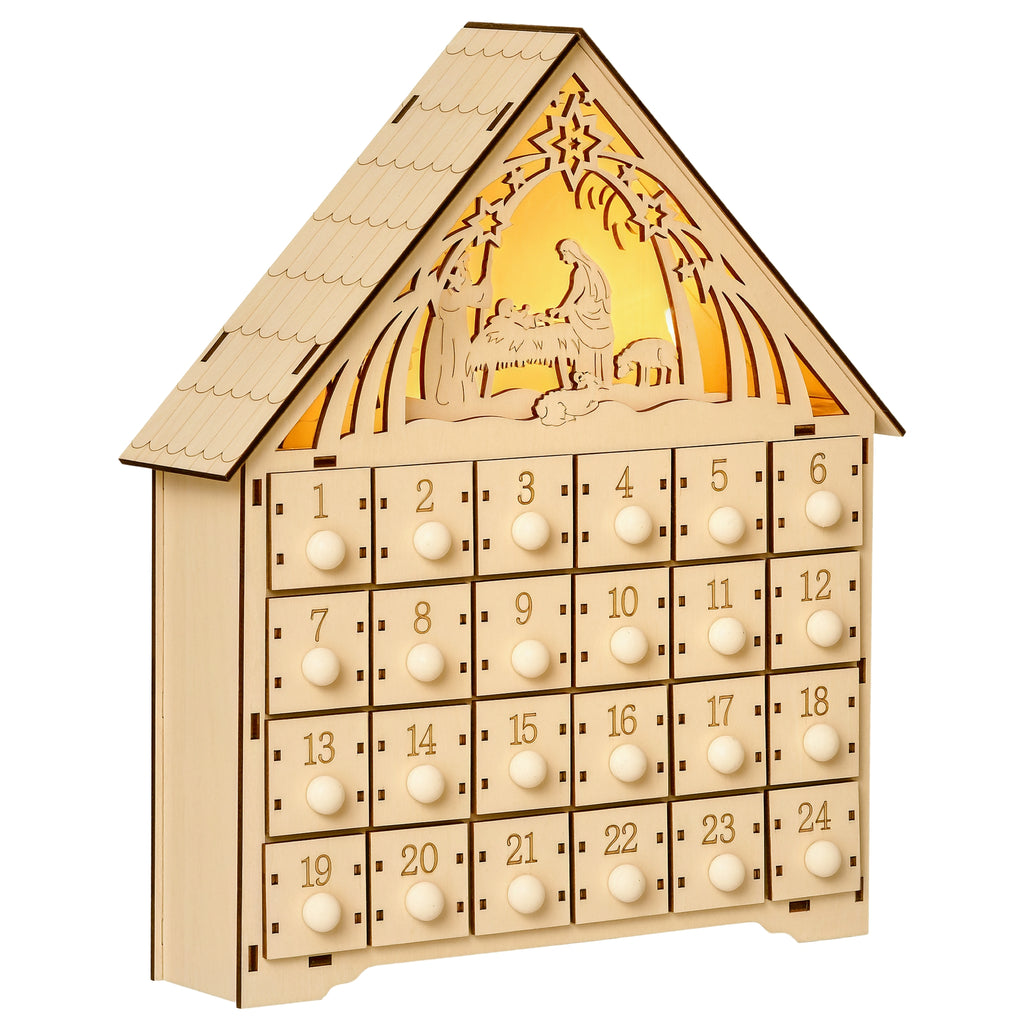 Adventskalender mit LED-Beleuchtung, 24 Schubladen, Krippenszene, 26,6x6x30 cm, Holzoptik