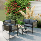 4-teiliges Gartenmöbel-Set, 1 Sofa, 2 Sessel, 1 Tisch mit Glasplatte, Kissen, Stahlrahmen, Kunststoff-Rattan, Grau