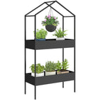 2 Tier Plant Stand, Outdoor Indoor Metal Plant Stand with Hook, House-Shaped Pots Holder Display Rack, Black