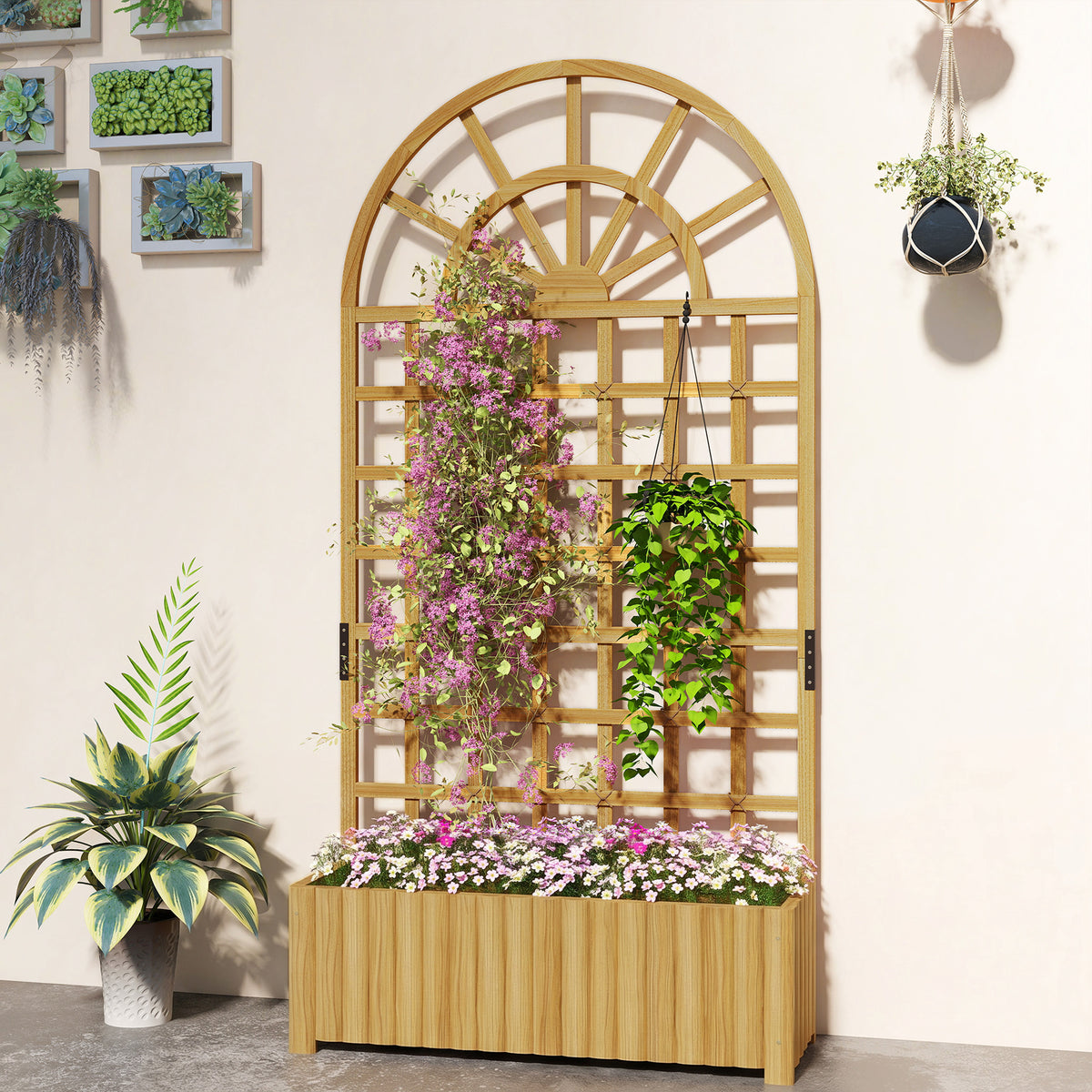 Wooden Raised Planter with Trellis, Raised Bed for Garden with Lattice and Drainage Holes for Climbing Plants