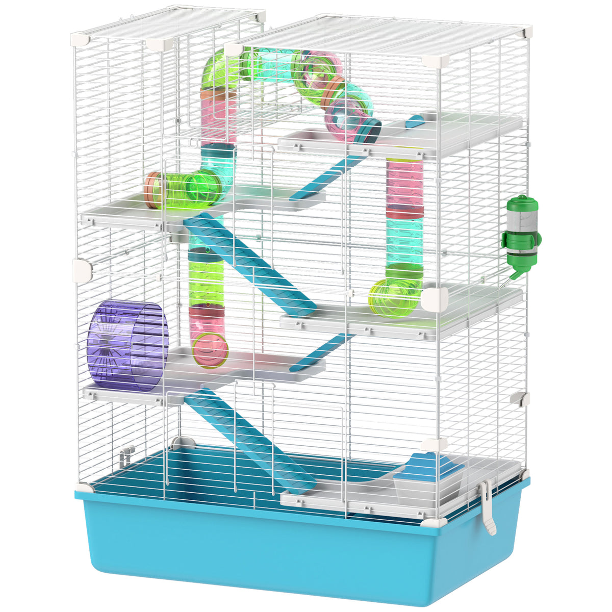 6 Tier Hamster Cage, Small Animal Cage with Tubes, Exercise Wheel, Ramps, Hut, Food Dish, Water Bottle, Light Blue