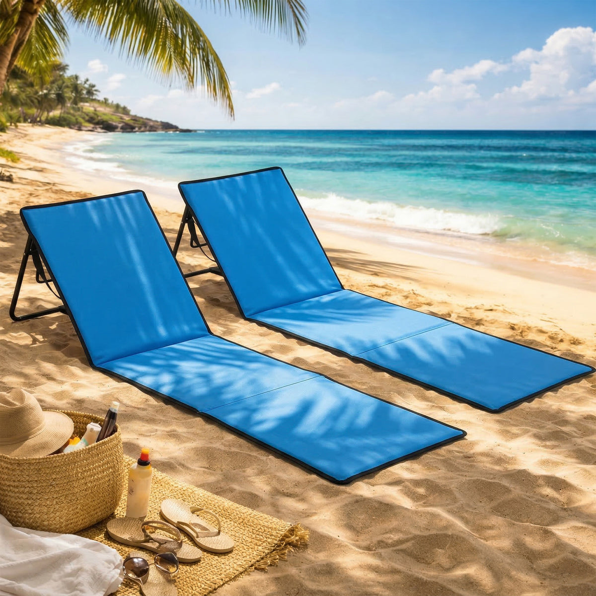 Strandliege, klappbar, verstellbare Rücklehne, Tragegurt, weiche Polsterung, Stahlrahmen, Blau, 142x51x40cm