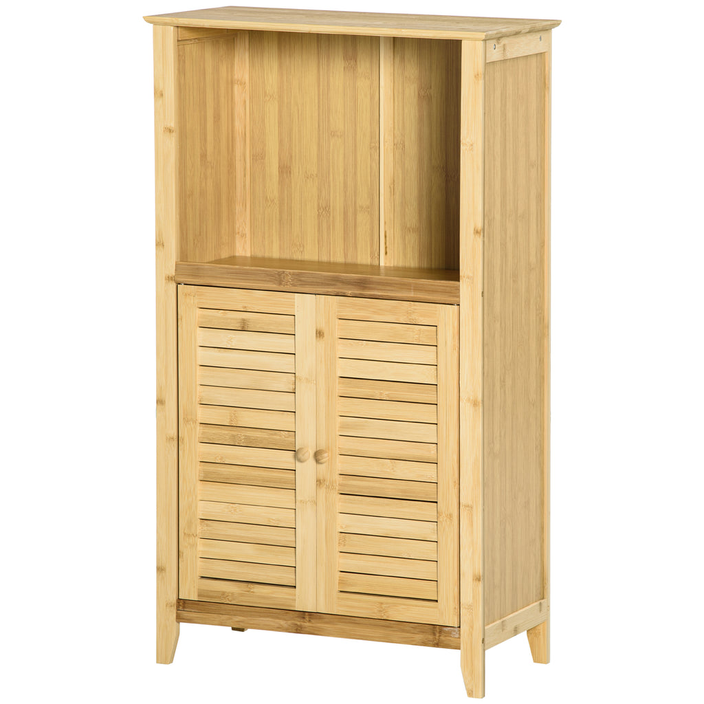 Badezimmerschrank Badschrank Standregal mit 2 Lamellentüren, offenem Regal, Bambus, Aufbewahrungsschrank Schrank für Badezimmer, Wohnzimmer 50 x 25,5 x 92cm Natur